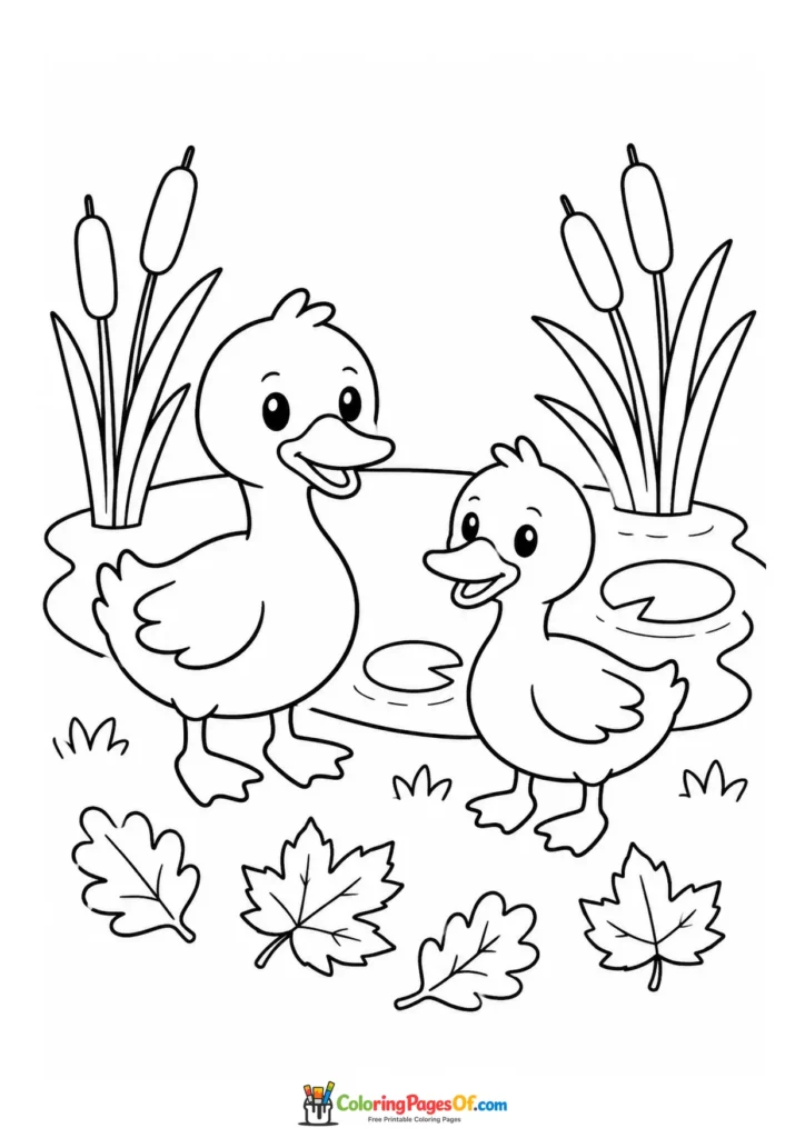 Easy fall coloring page for kids featuring duck and duckling