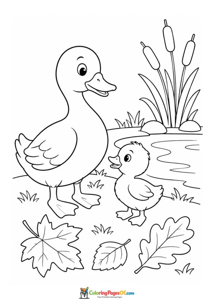 Easy fall coloring page for kids featuring duck and duckling
