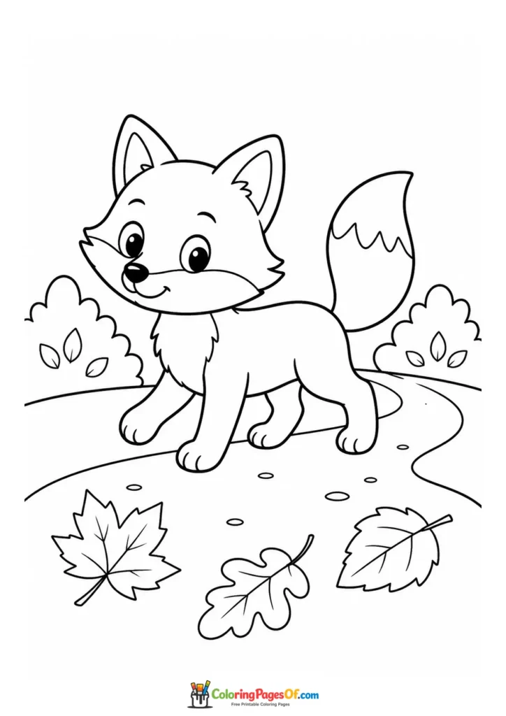 Easy fall coloring page for kids featuring fox on an autumn path