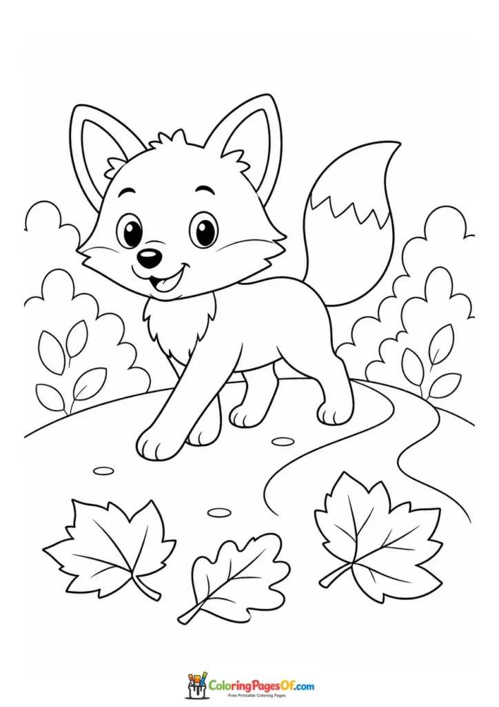 Easy fall coloring page for kids featuring fox on an autumn path