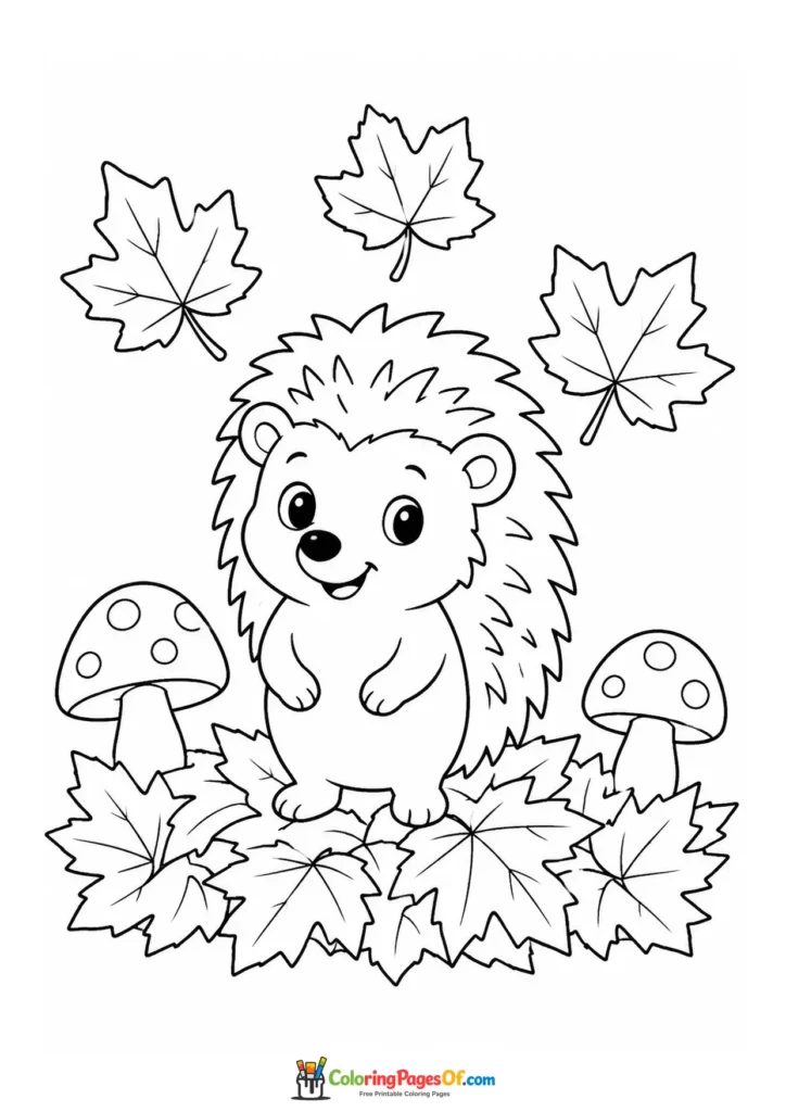 Easy fall coloring page for kids featuring hedgehog in autumn leaves