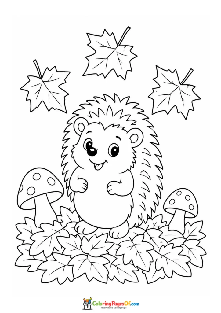 Easy fall coloring page for kids featuring hedgehog in autumn leaves