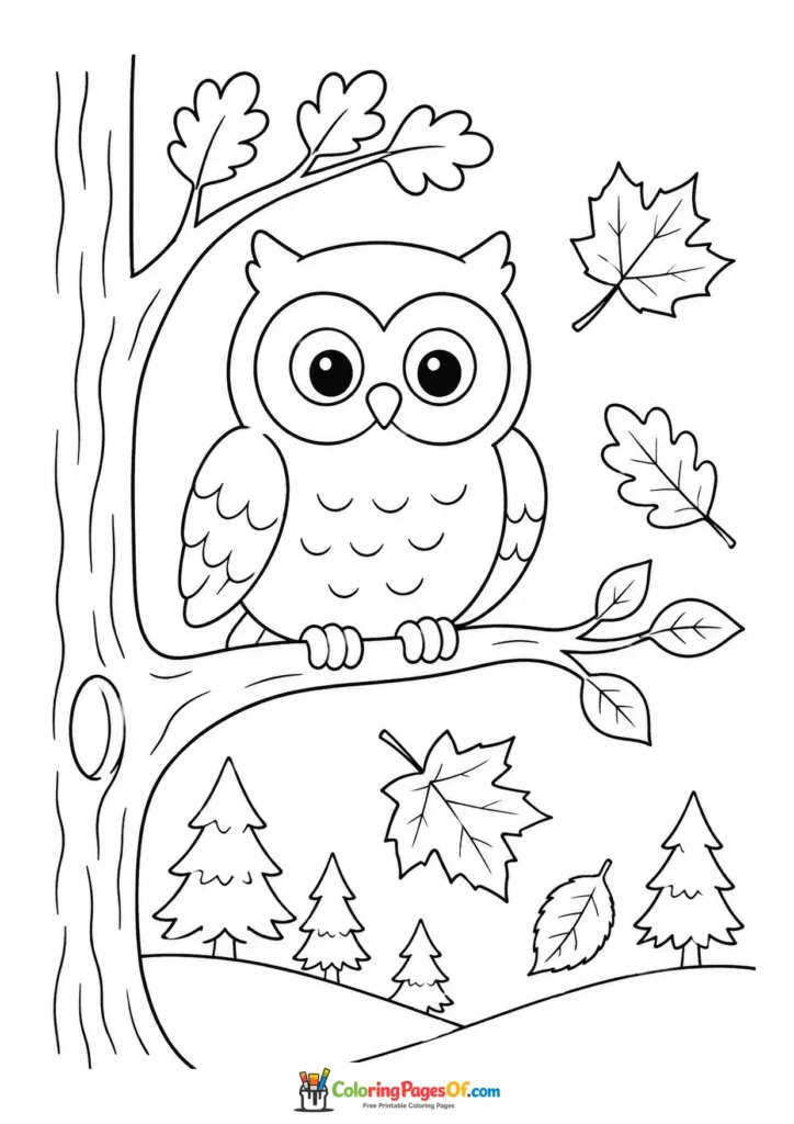 Easy fall coloring page for kids featuring owl with autumn leaves