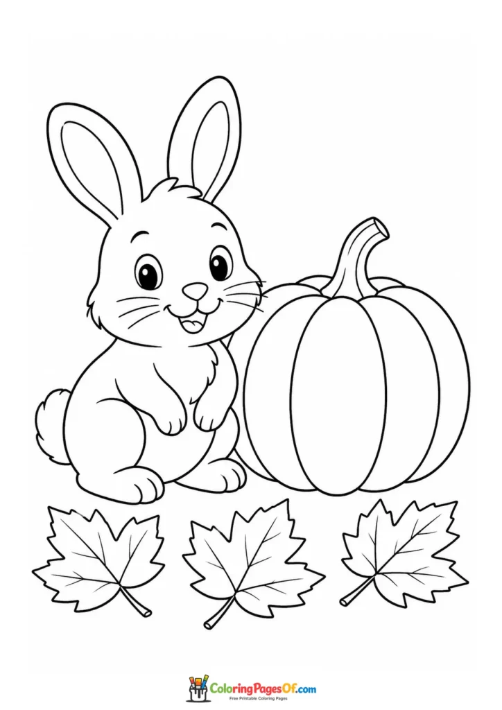 Easy fall coloring page for kids featuring rabbit with a pumpkin