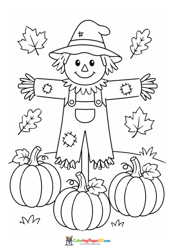 Easy fall coloring page for kids featuring scarecrow with pumpkins