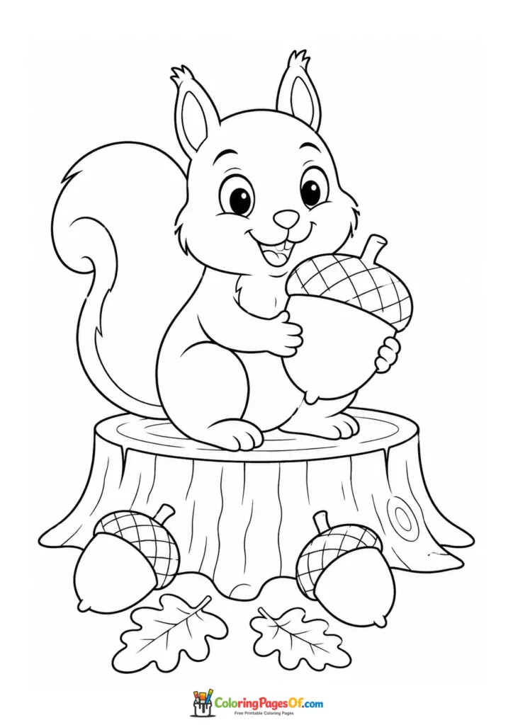 Easy fall coloring page for kids featuring squirrel with an acorn