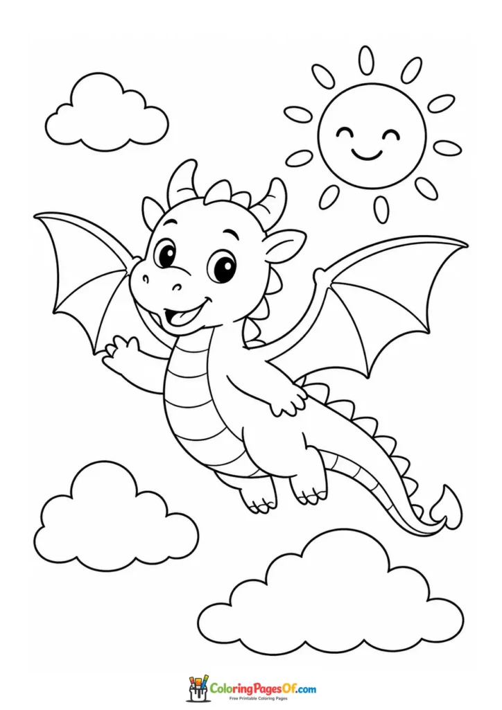Easy Flying Baby Dragon in a Sunny Sky coloring page