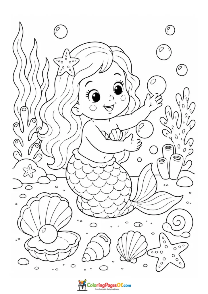 Easy Mermaid with a Pearl and Bubbles coloring page