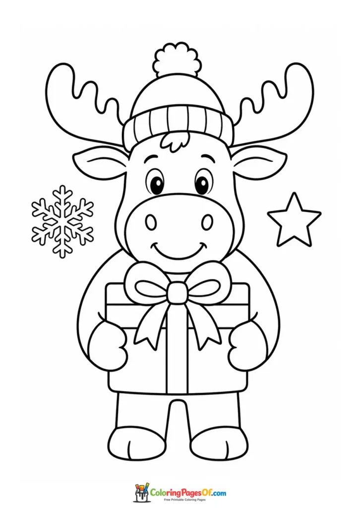 Weihnachten Ausmalbild: Einfacher Elch mit Weihnachtsgeschenk