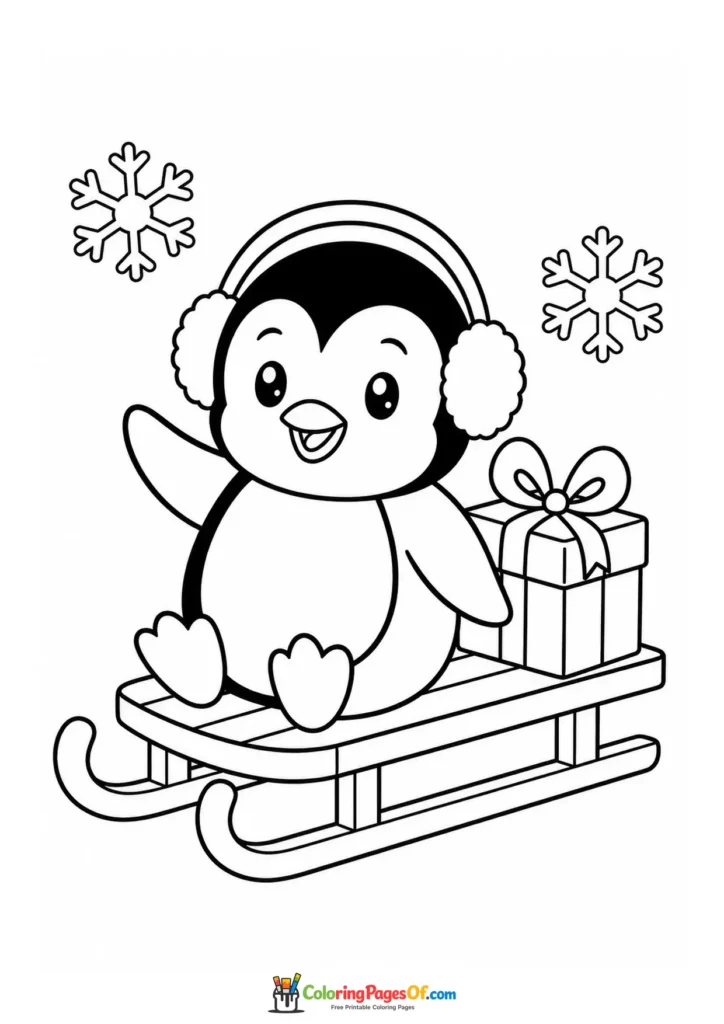 Weihnachten Ausmalbild: Einfacher Pinguin auf einem Weihnachtsschlitten