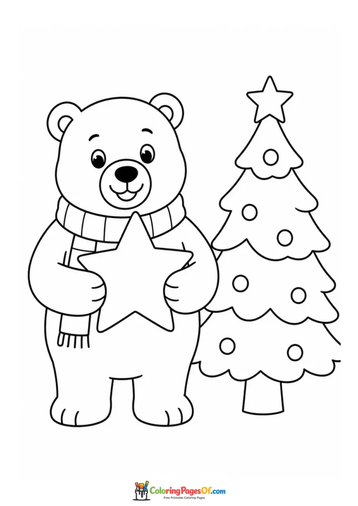 Weihnachten Ausmalbild: Einfacher Eisbär hält einen Weihnachtsstern