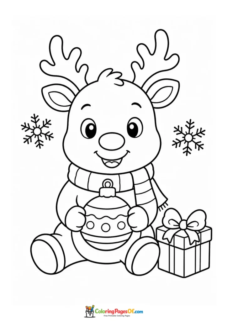 Weihnachten Ausmalbild: Einfaches Rentier hält eine Weihnachtskugel