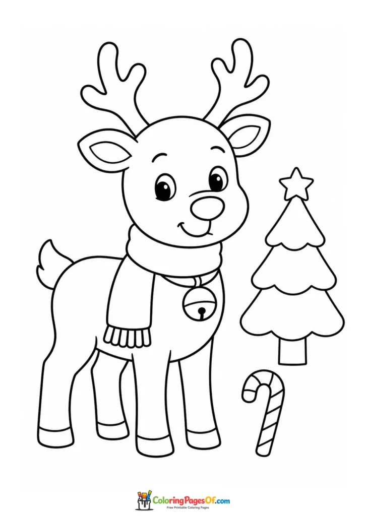 Weihnachten Ausmalbild: Einfaches Rentier mit Schal und Weihnachtsbaum
