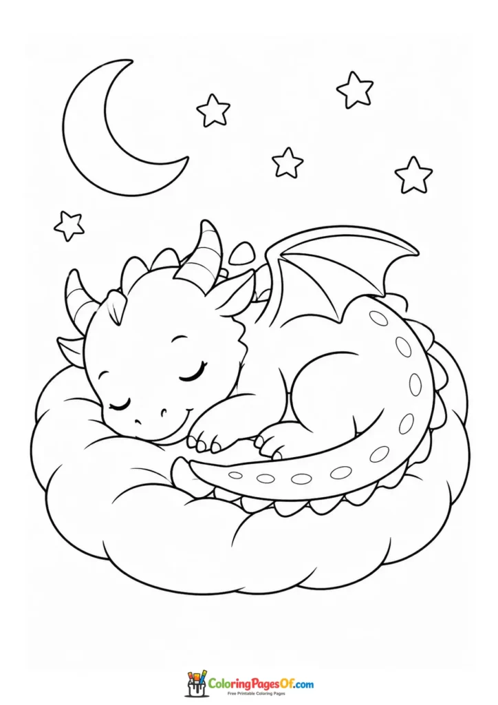 Easy Sleeping Dragon on a Cloud coloring page