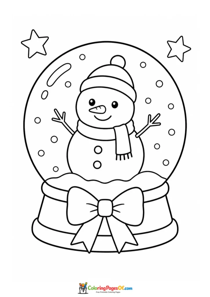 Weihnachten Ausmalbild: Einfacher Schneemann in einer Weihnachts-Schneekugel