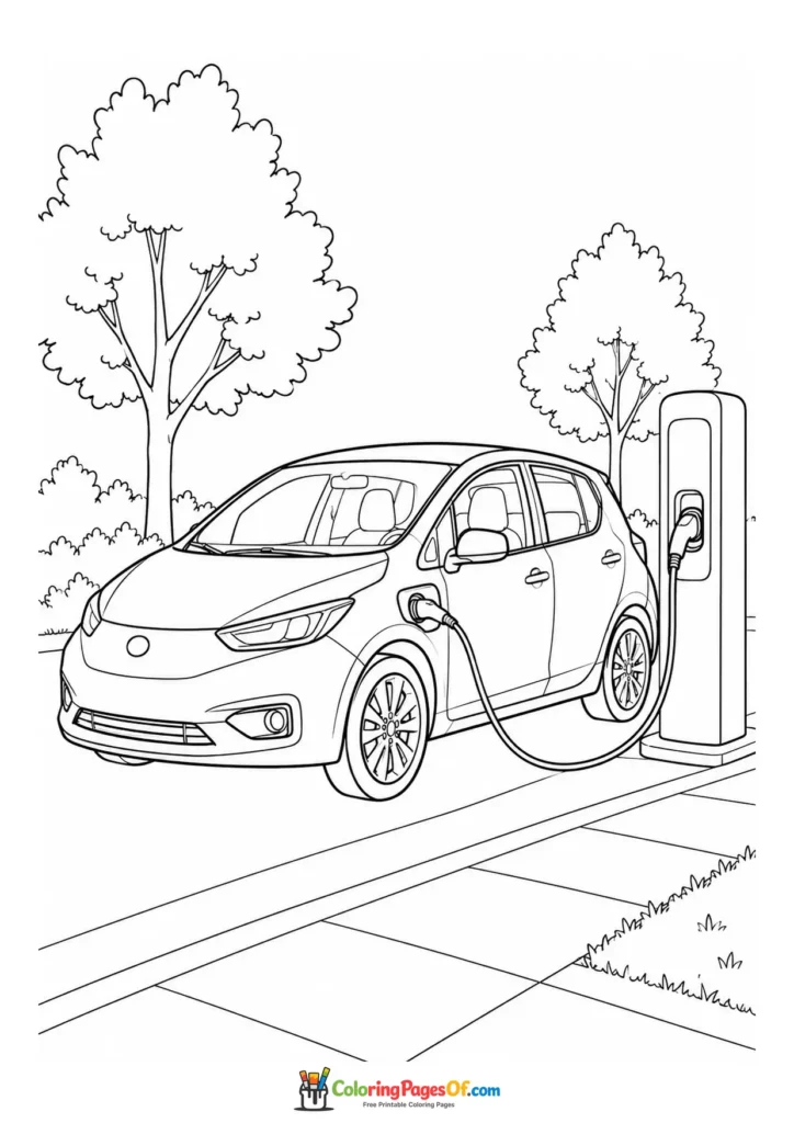 Black and white electric car charging by a park coloring page