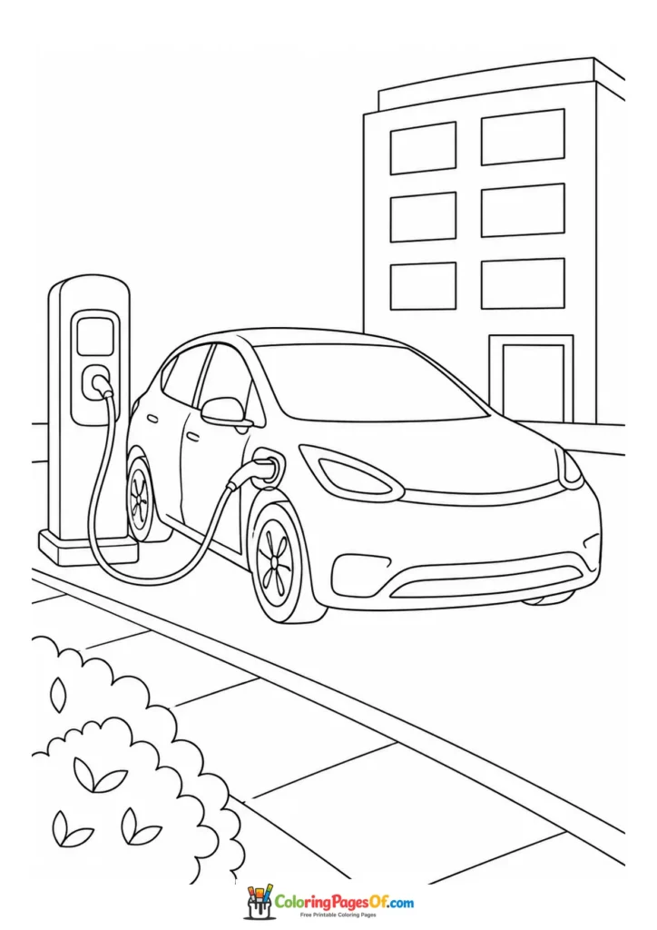Printable electric car charging in the city coloring picture