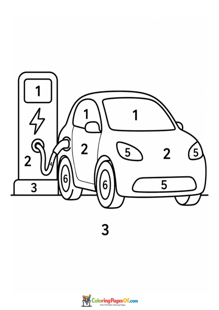 Black and white electric city car charging color by number coloring page