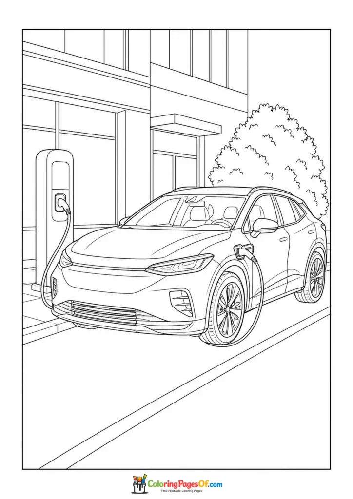 Printable electric crossover at a city charging point coloring picture