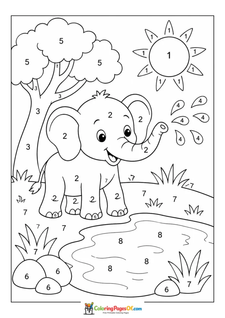 Elephant by Pond color by number coloring page