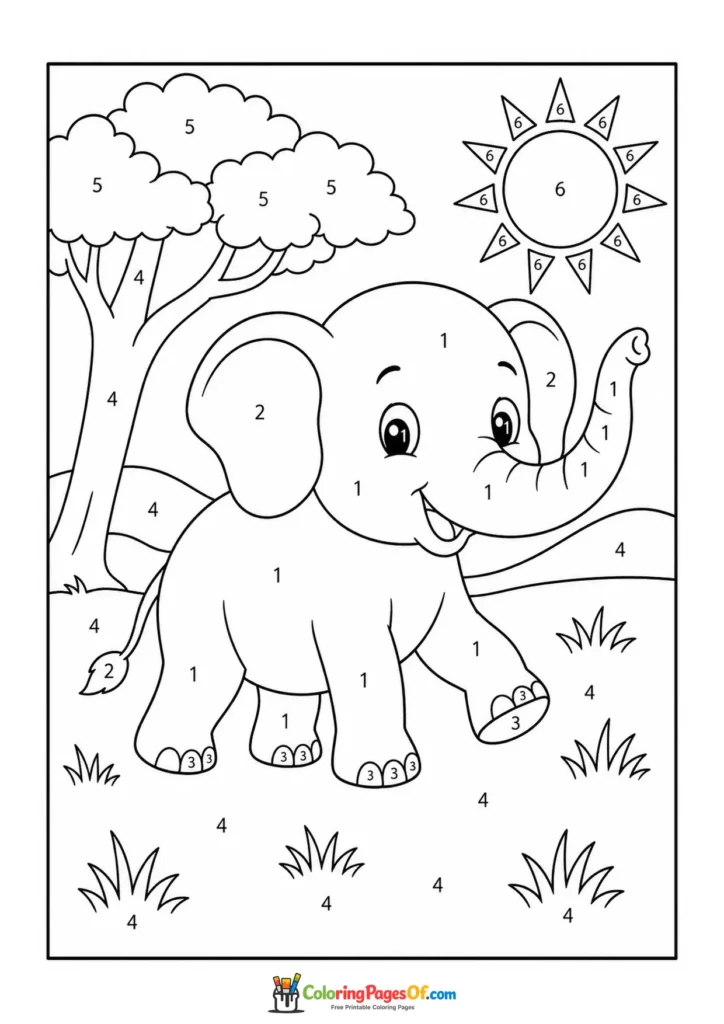 Elephant in Savanna color by number coloring page