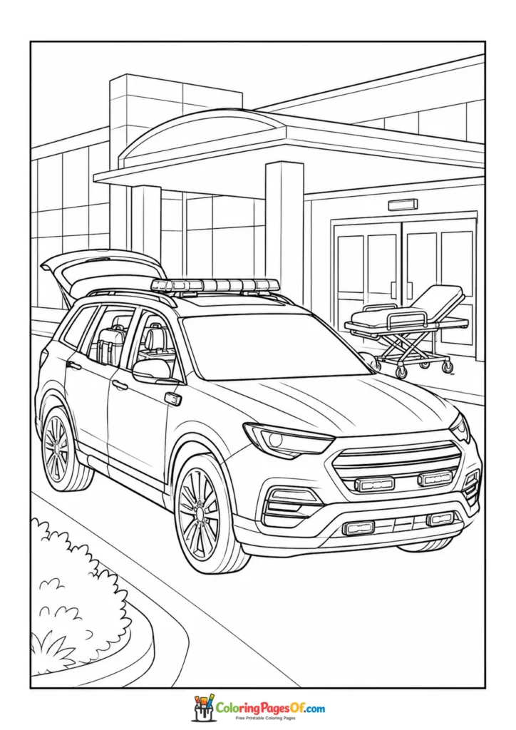 Emergency response SUV outside a hospital coloring page