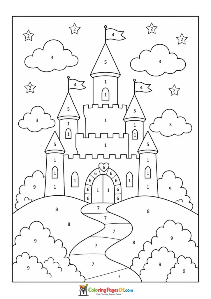 Fairytale Castle with Rainbow color by number coloring page