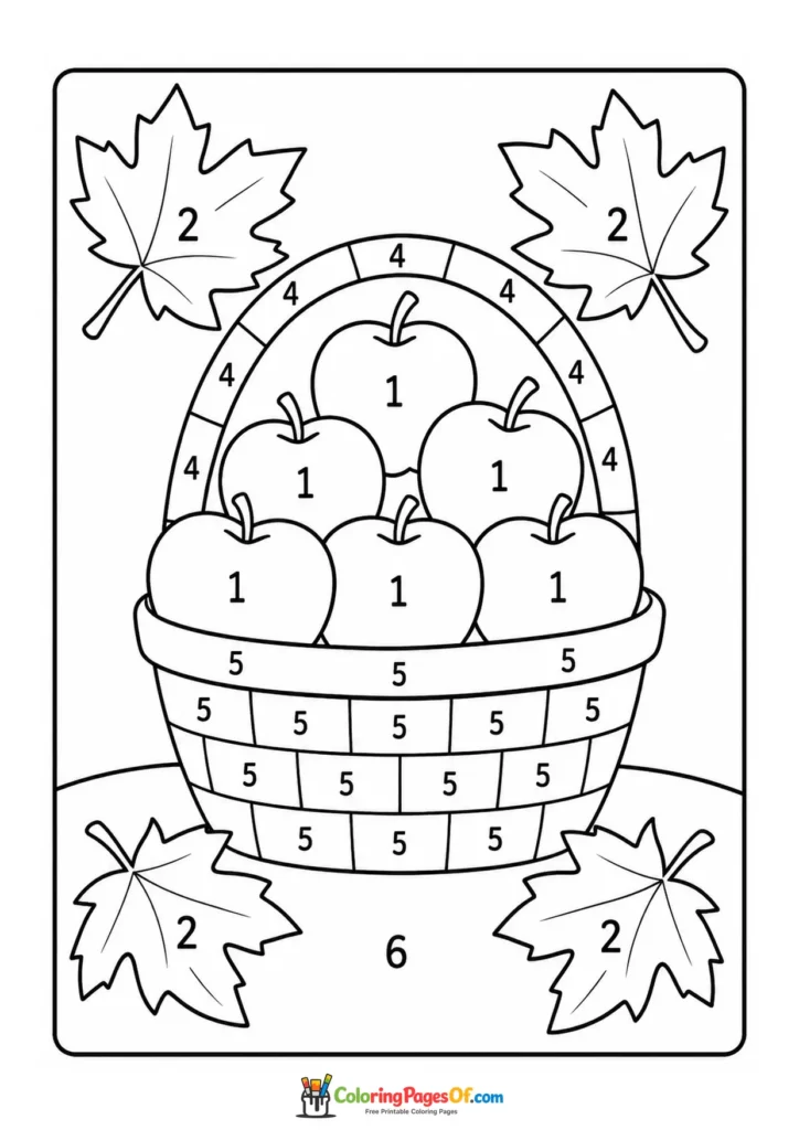Fall color by number worksheet featuring apple basket with autumn leaves