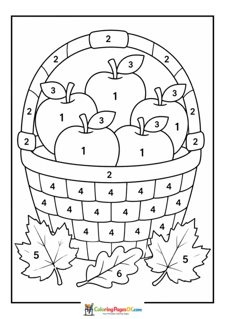 Fall color by number worksheet featuring apple basket with autumn leaves