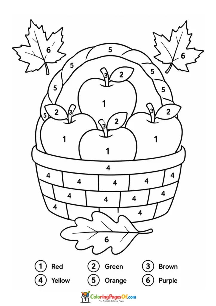 Fall color by number worksheet featuring apple basket with autumn leaves