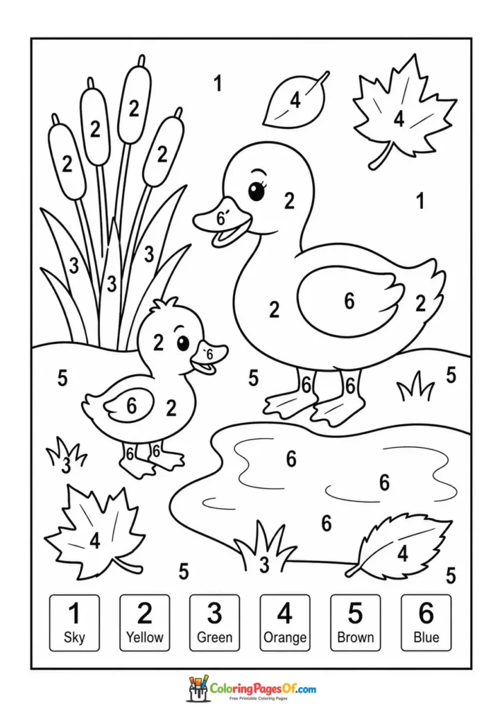Fall color by number worksheet featuring duck and duckling