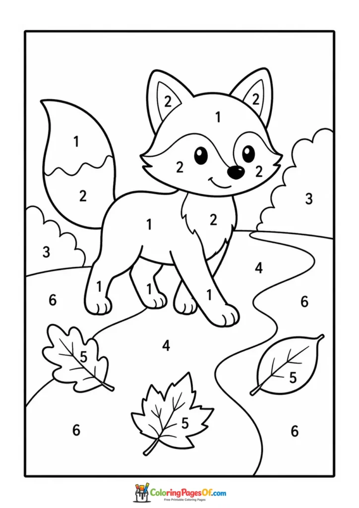 Fall color by number worksheet featuring fox on an autumn path