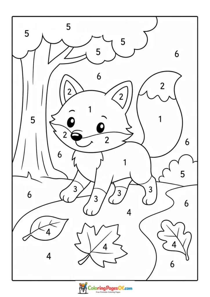 Fall color by number worksheet featuring fox on an autumn path