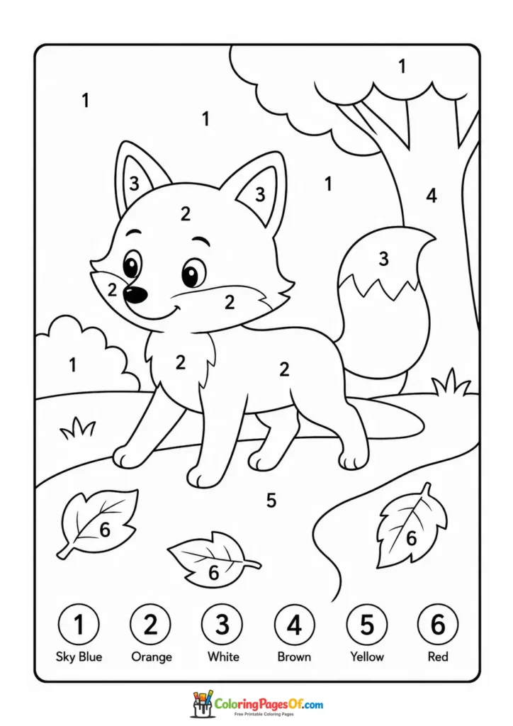 Fall color by number worksheet featuring fox on an autumn path