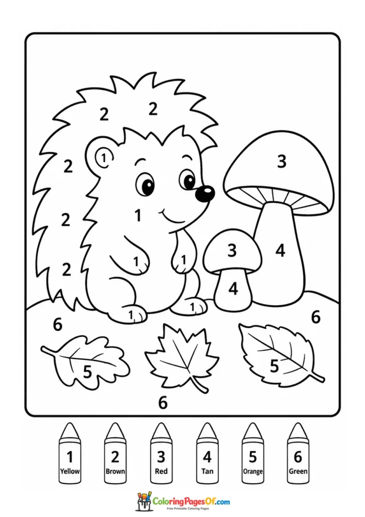 Fall color by number worksheet featuring hedgehog with a mushroom
