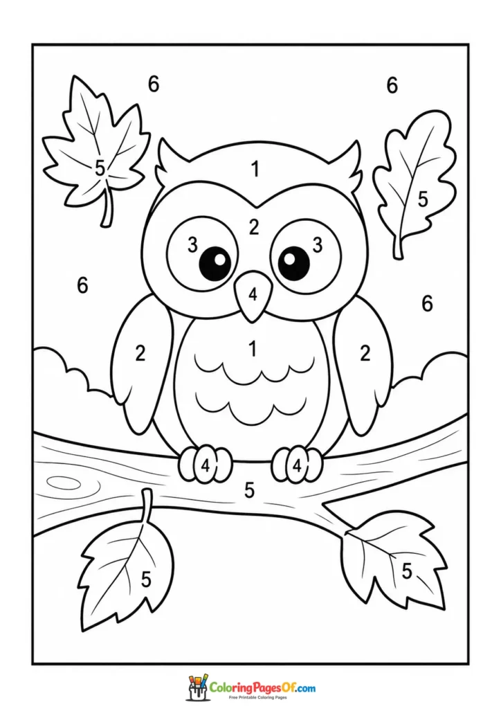 Fall color by number worksheet featuring owl on a tree branch