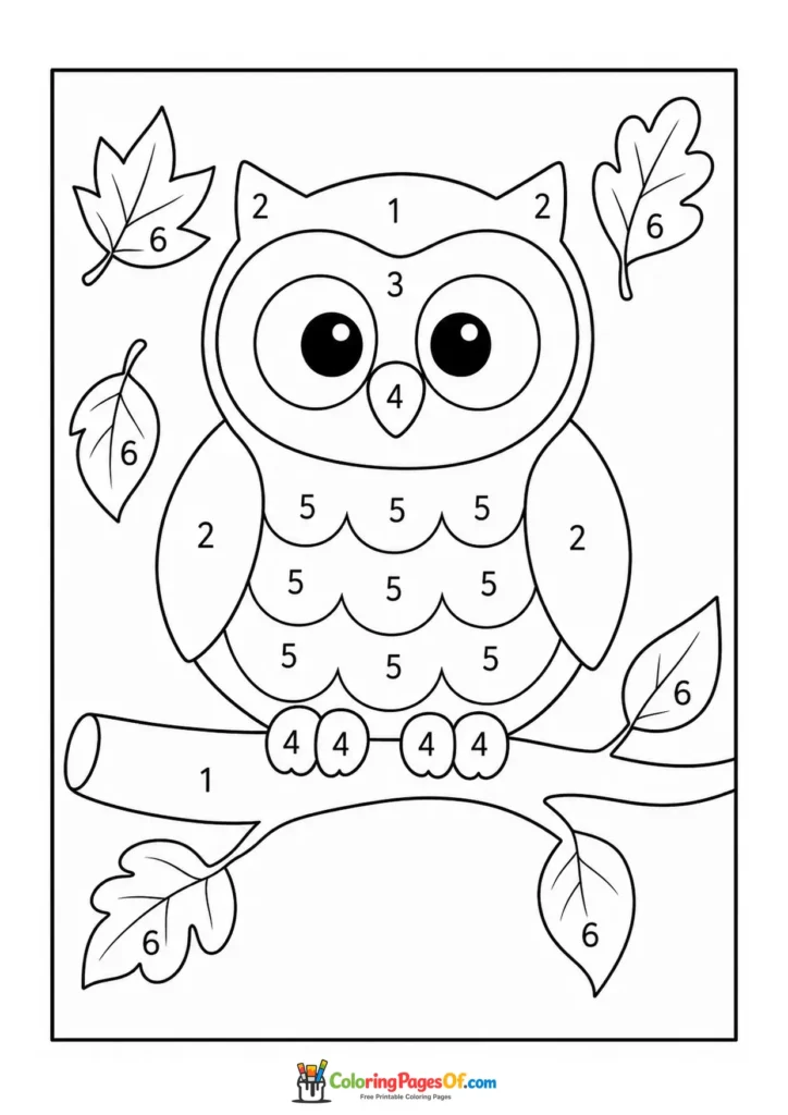 Fall color by number worksheet featuring owl on a tree branch