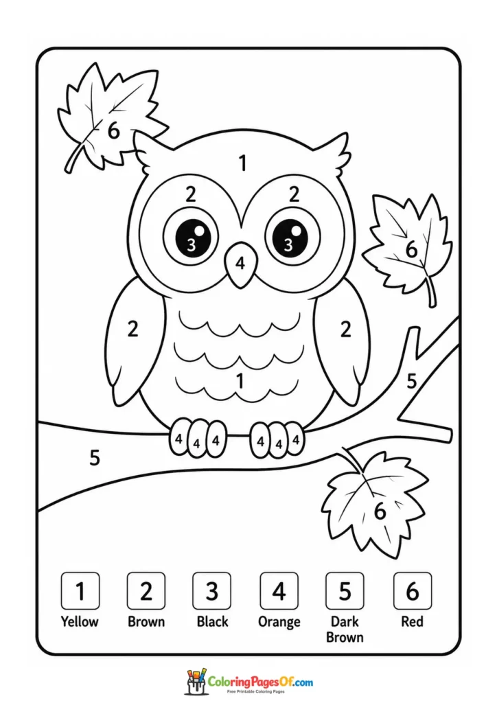 Fall color by number worksheet featuring owl on a tree branch
