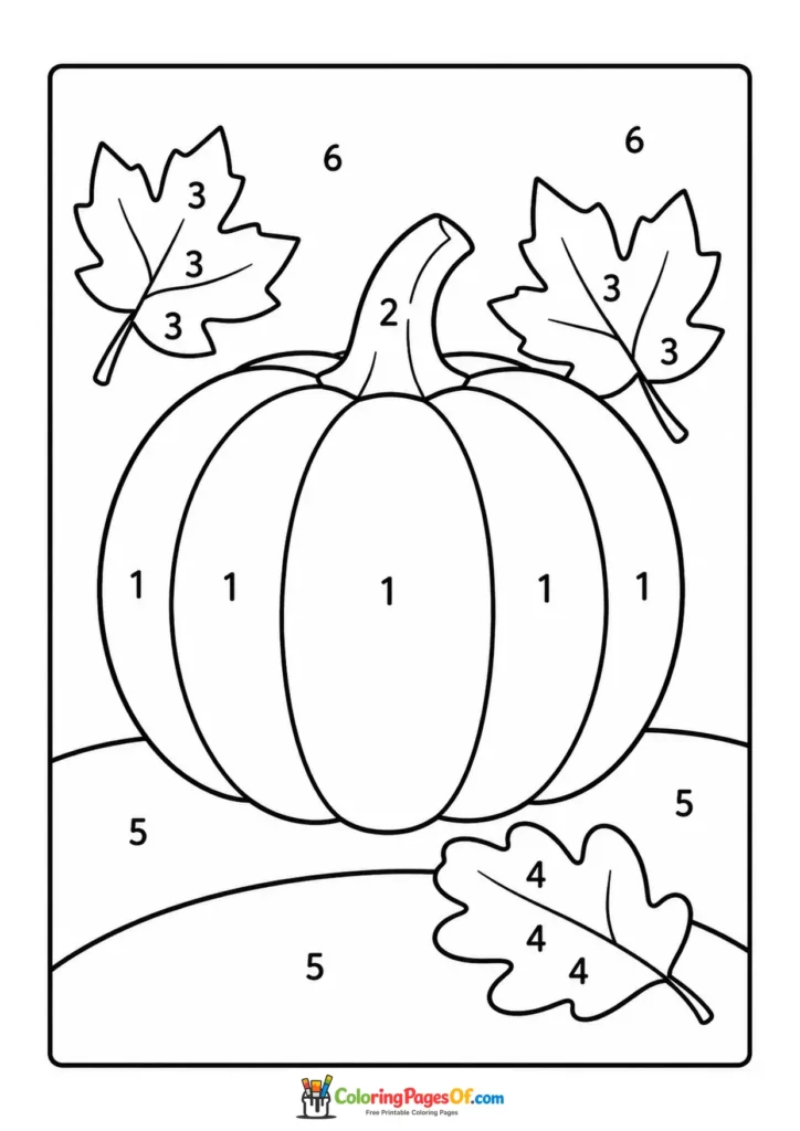 Fall color by number worksheet featuring pumpkin and autumn leaves