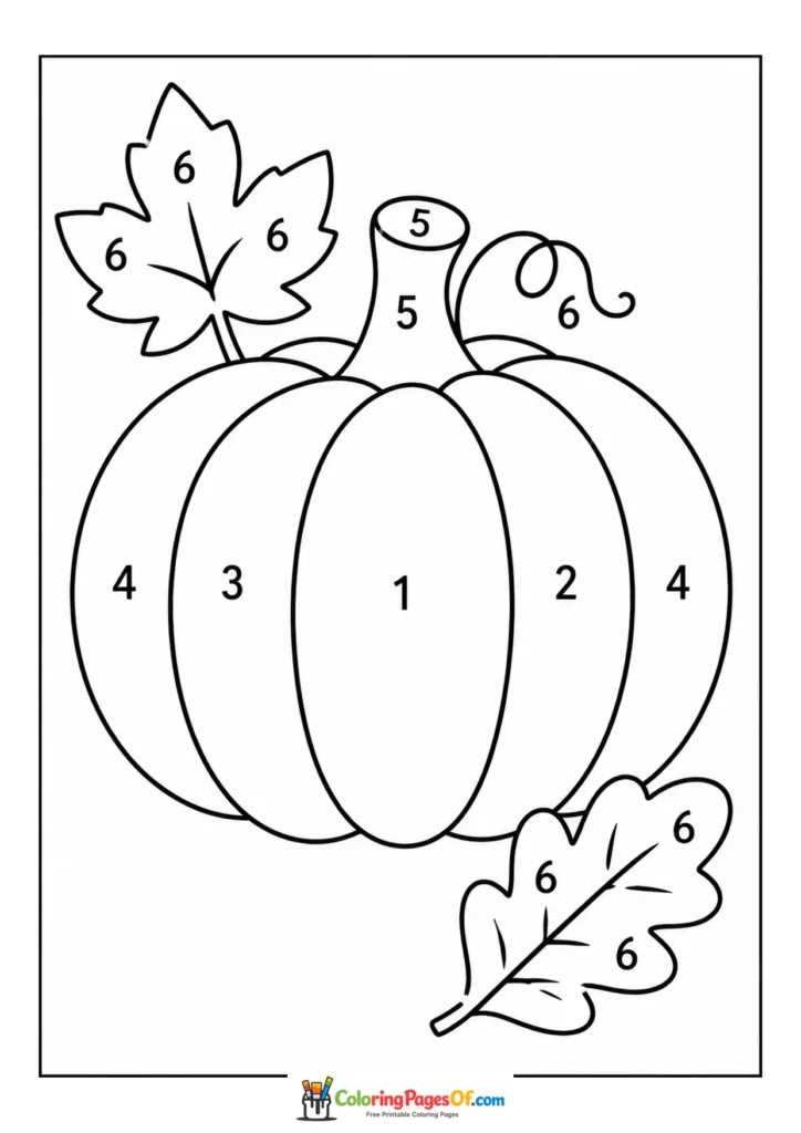 Fall color by number worksheet featuring pumpkin and autumn leaves