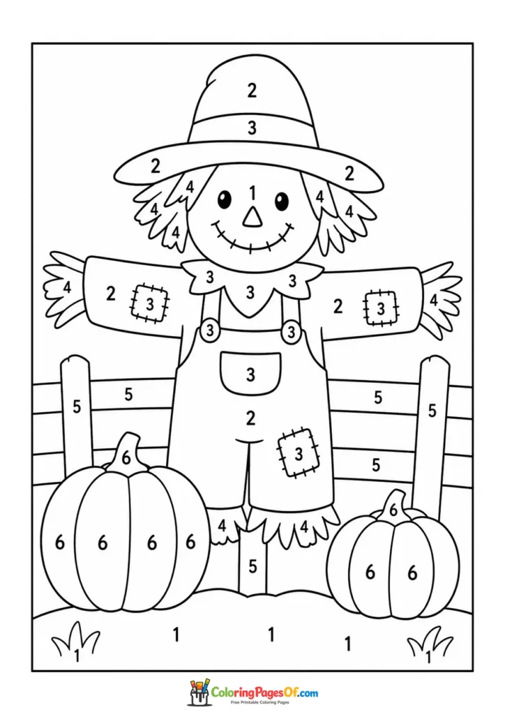 Fall color by number worksheet featuring scarecrow with pumpkins