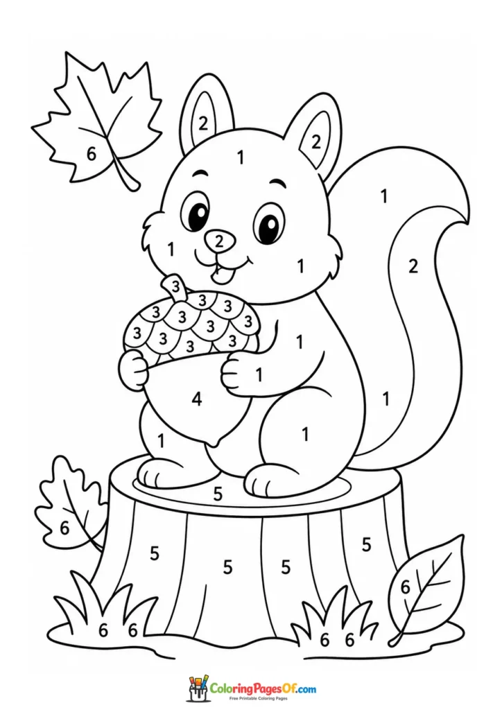 Fall color by number worksheet featuring squirrel with an acorn