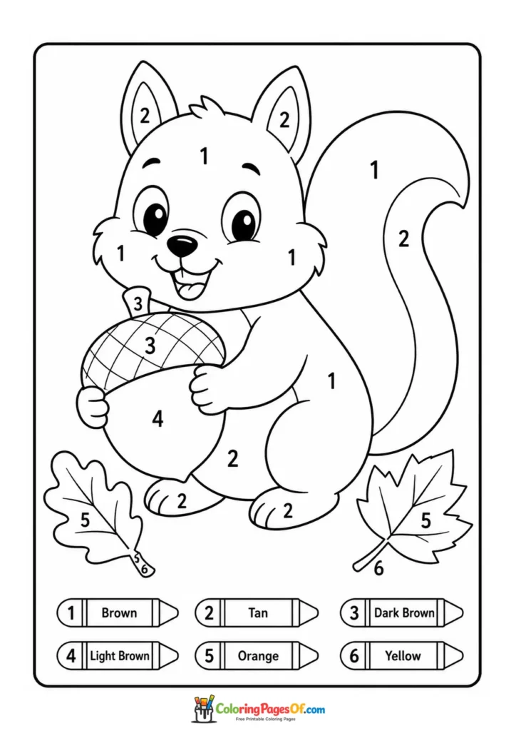Fall color by number worksheet featuring squirrel with an acorn