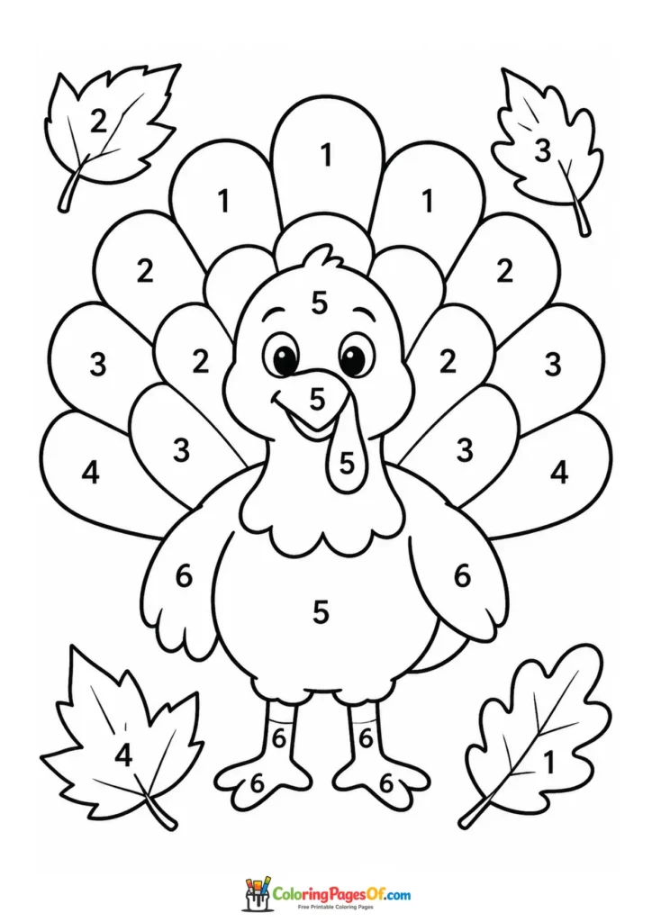 Fall color by number worksheet featuring turkey with autumn leaves