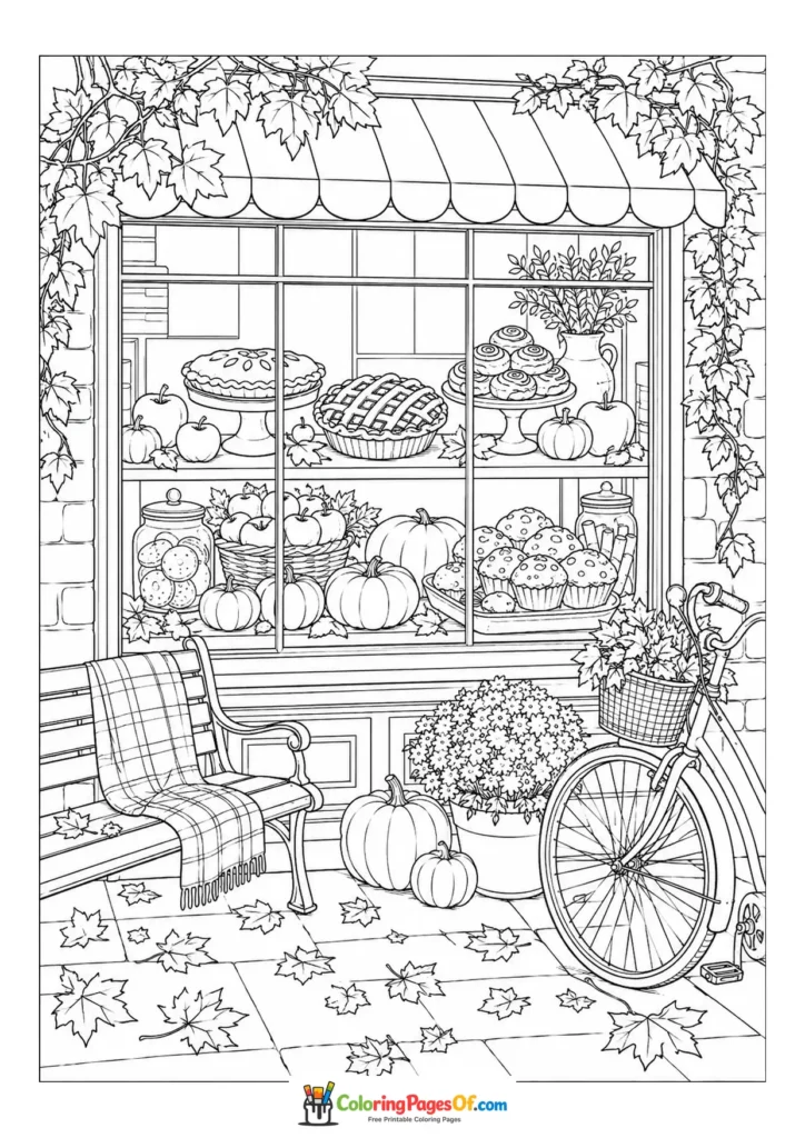Fall coloring page featuring autumn bakery window