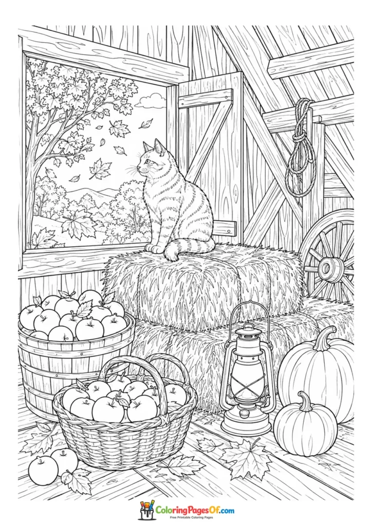 Fall coloring page featuring barn cat in a hayloft