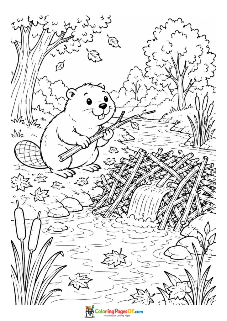 Fall coloring page featuring beaver by a dam