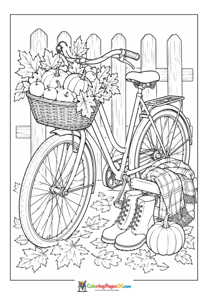 Fall coloring page featuring bicycle with an autumn harvest