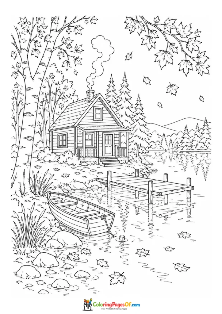 Fall coloring page featuring cabin by a river