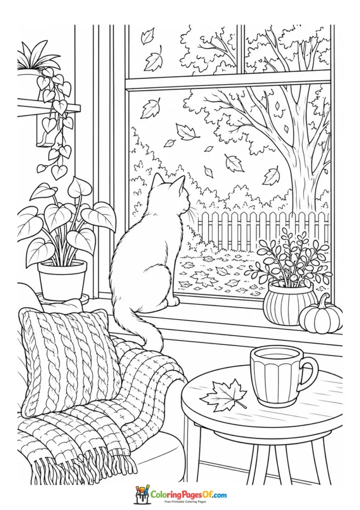 Fall coloring page featuring cat by a window